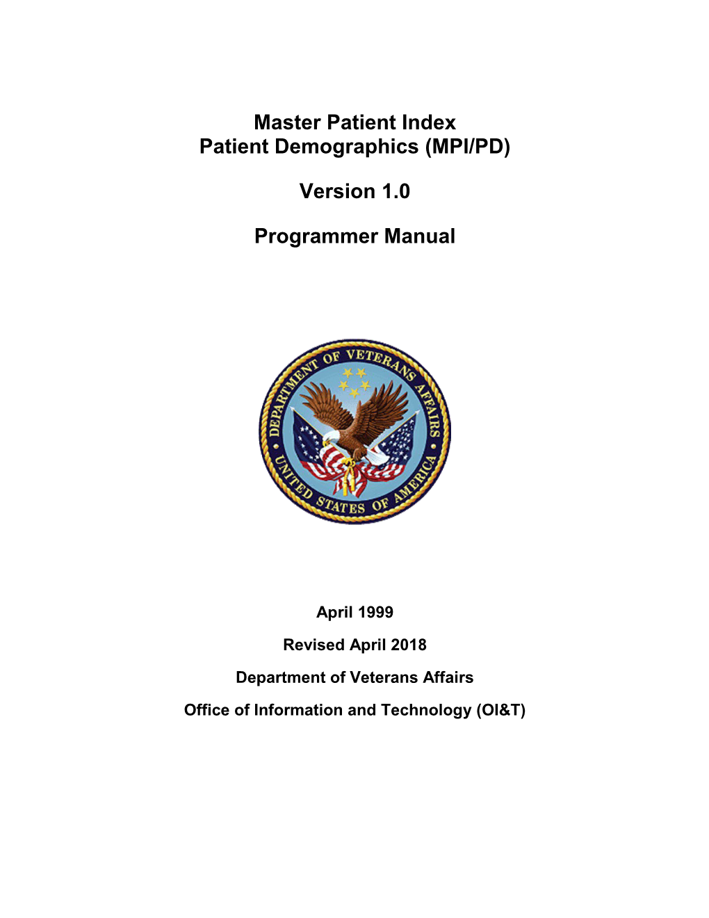 Master Patient Index/Patient Demographics Programmer Manual (Department of Veterans Affairs)