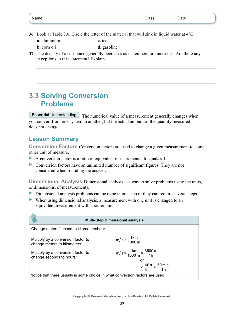 36.Look at Table 3.6. Circle the Letter of the Material That Will Sink in Liquid Water at 4 C