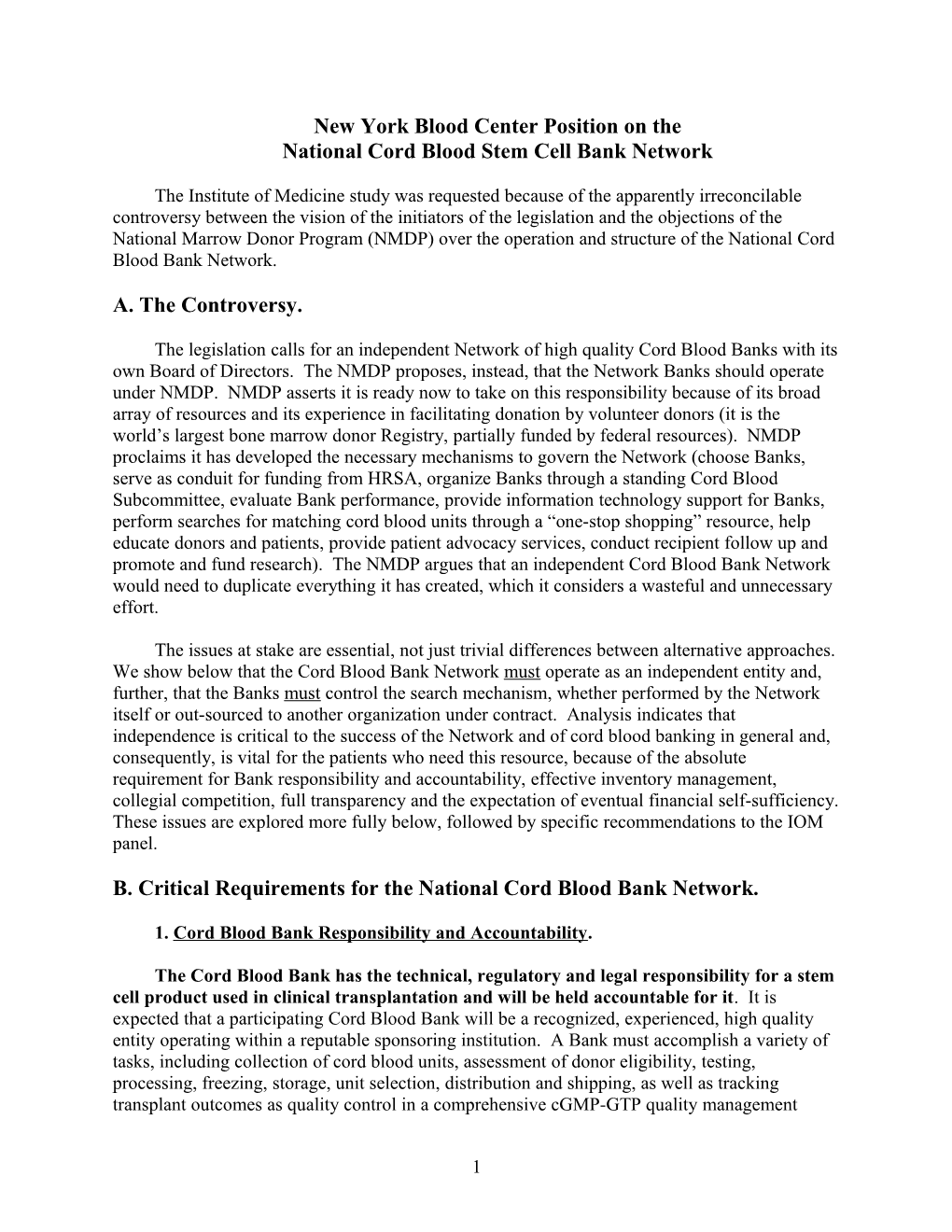 A National Cord Blood Stem Cell Bank Network