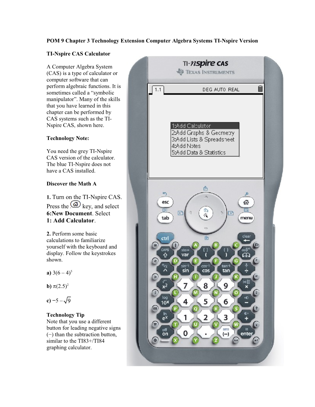 POM9 Chapter 3 Technology Extension Computer Algebra Systems TI-Nspire Version