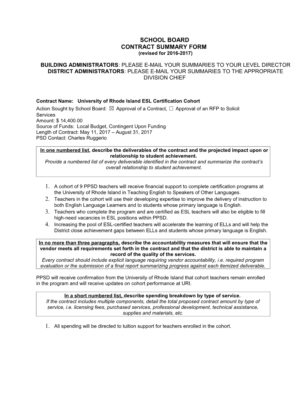 Contract Name: University of Rhode Island ESL Certification Cohort