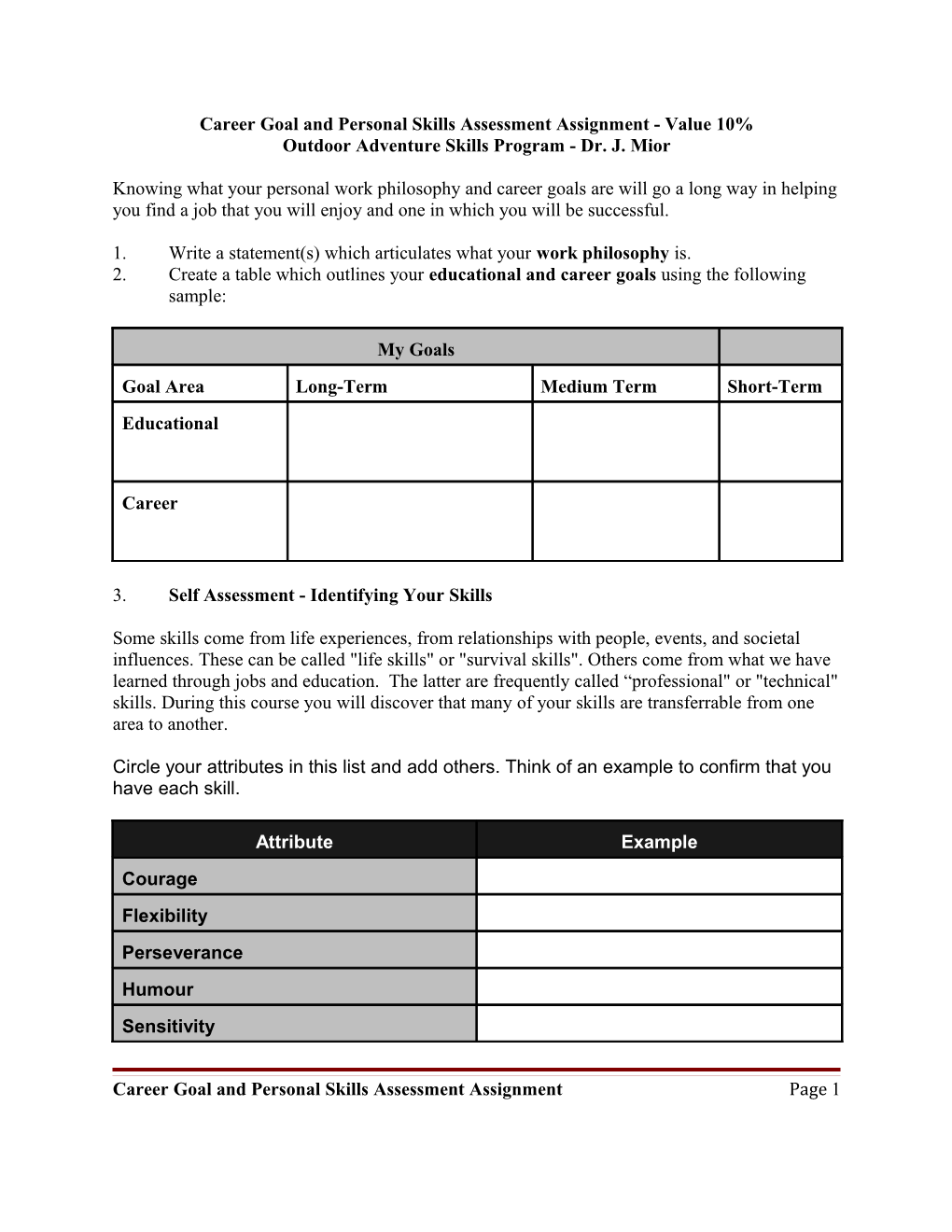 Career Goal and Personal Skills Assessment Assignment - Value 10%