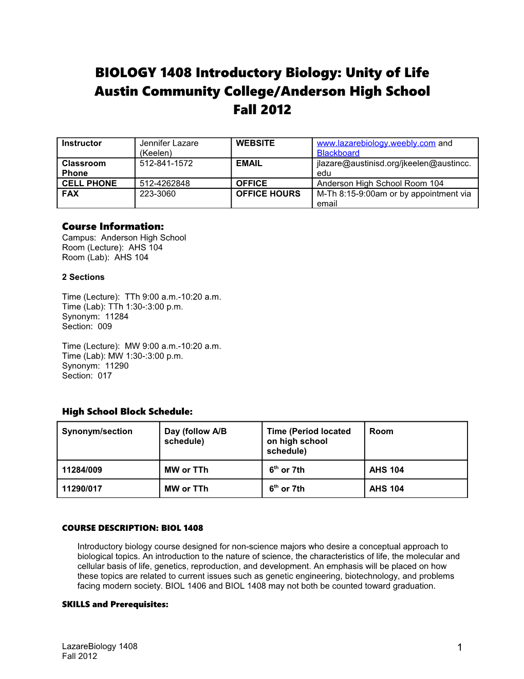 Syllabus for Biology 1724 Lecture and Lab