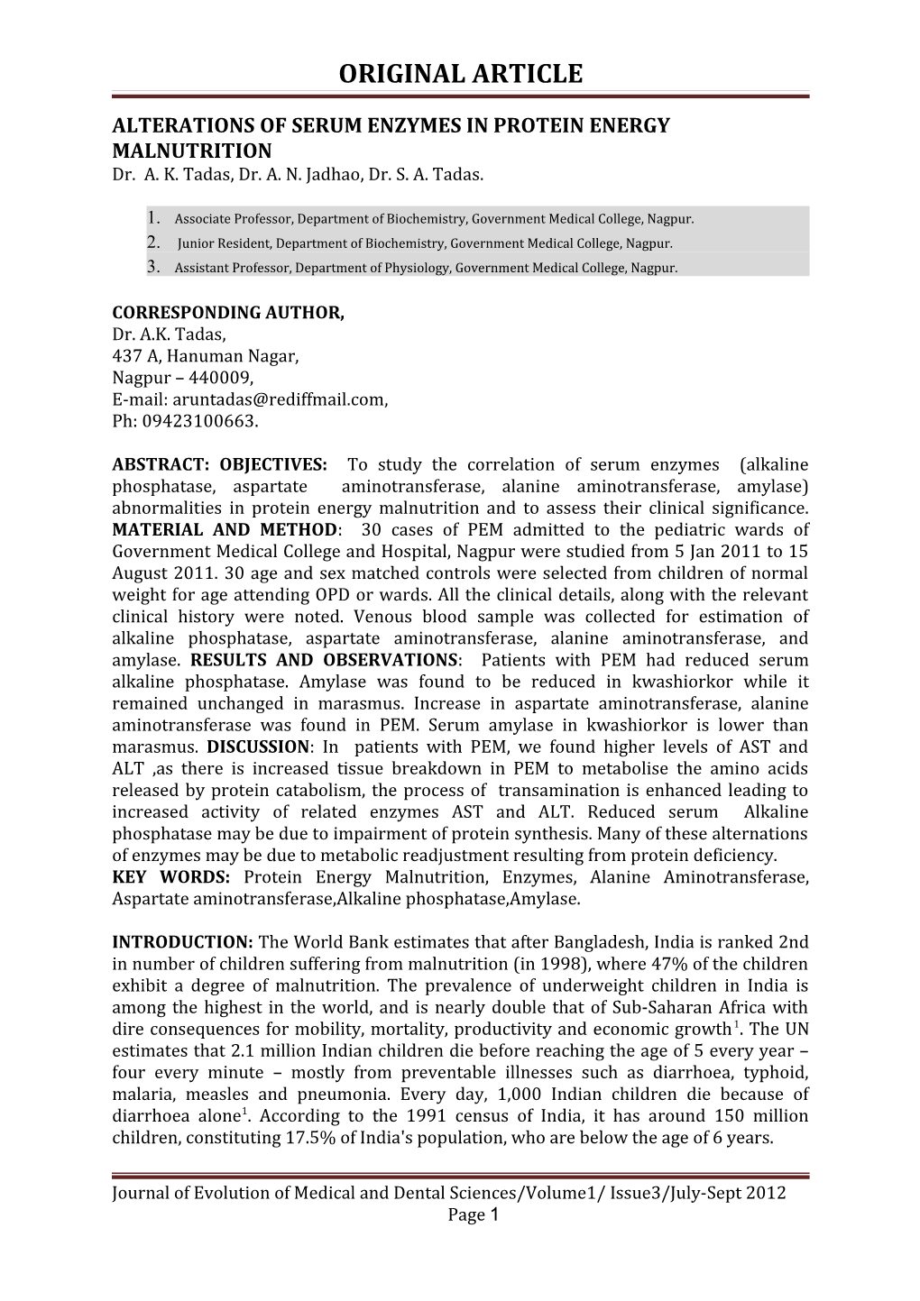 Alterations of Serum Enzymes in Protein Energy Malnutrition