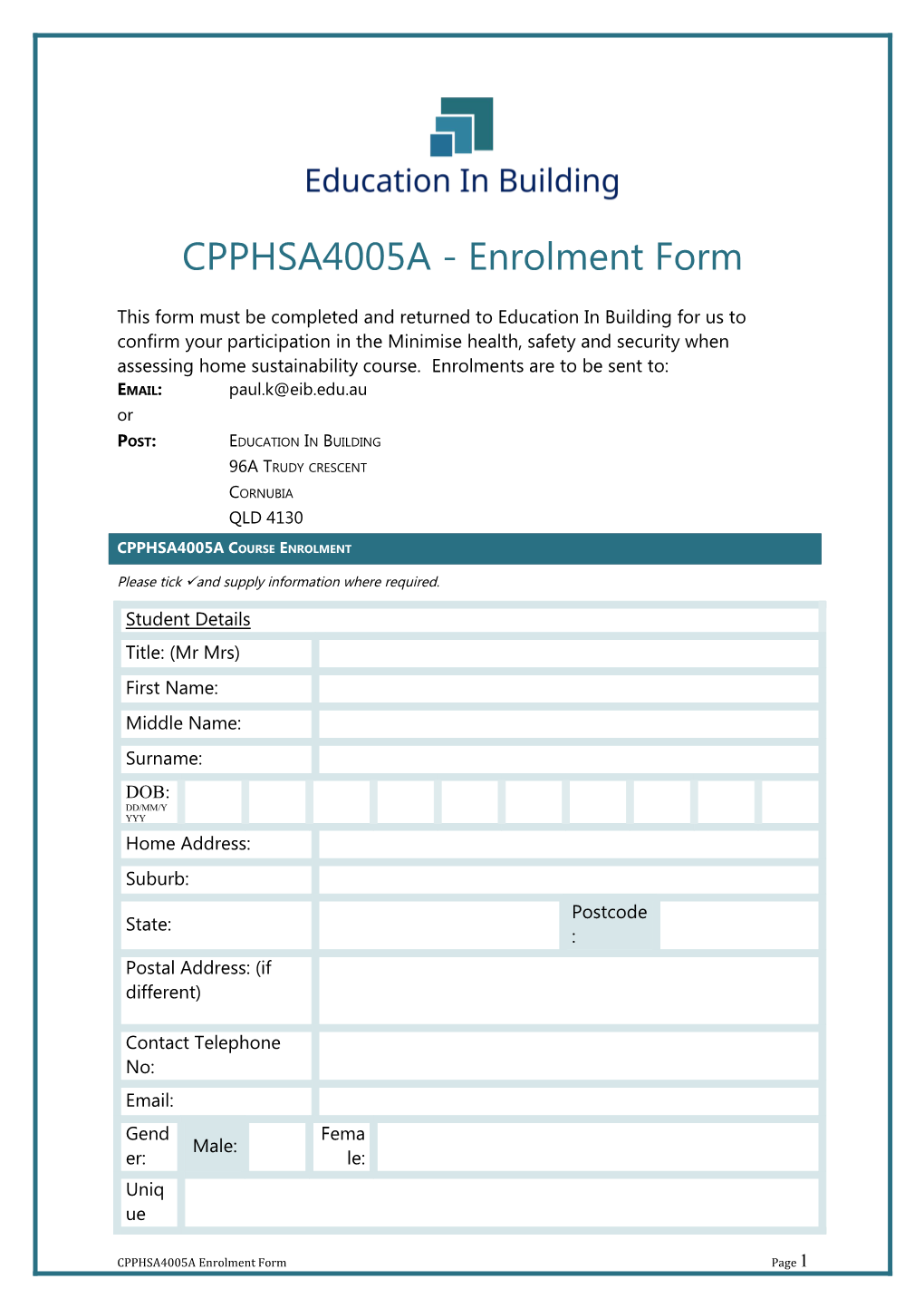 CPPHSA4005A - Enrolment Form