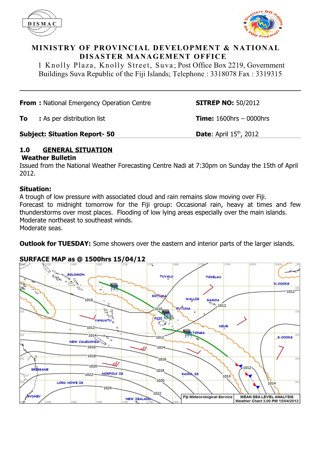 From: National Emergency Operation Centresitrep NO:50/2012