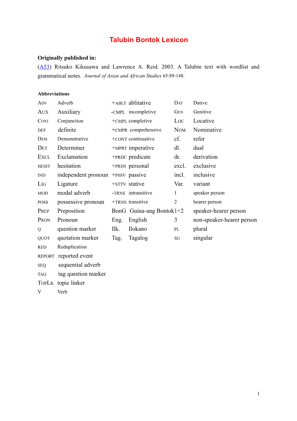 Talubin Bontok Lexicon