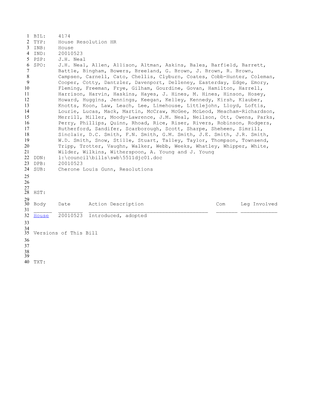 2001-2002 Bill 4174: Cherone Louis Gunn, Resolutions - South Carolina Legislature Online