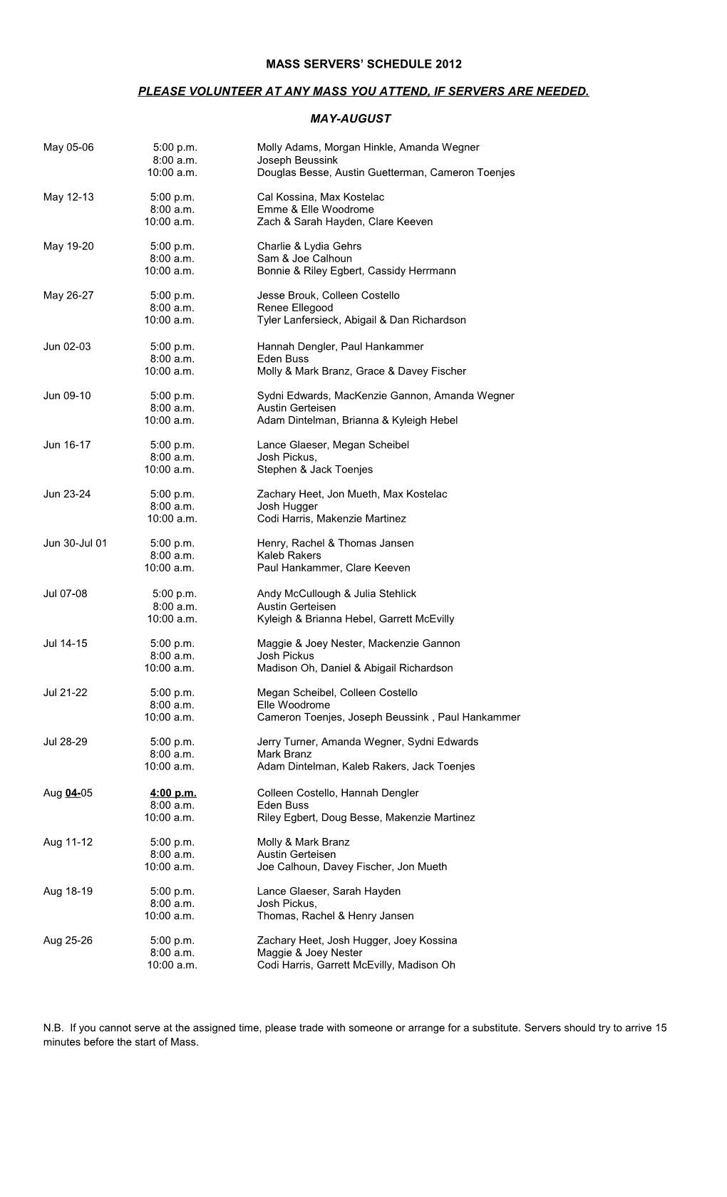 Mass Server S Schedule