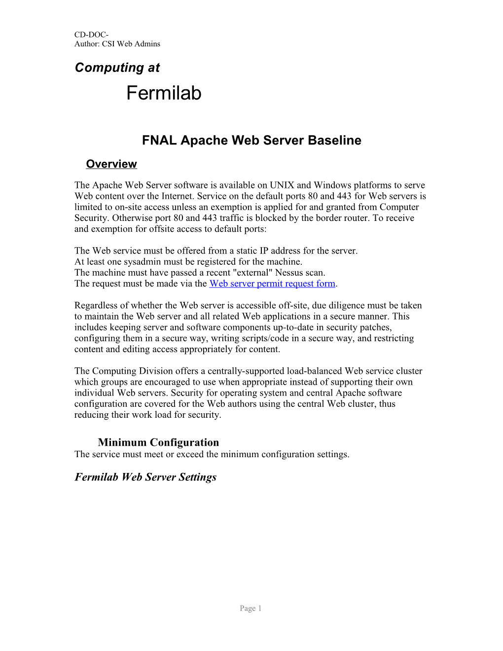 FNAL Apache Web Server Baseline