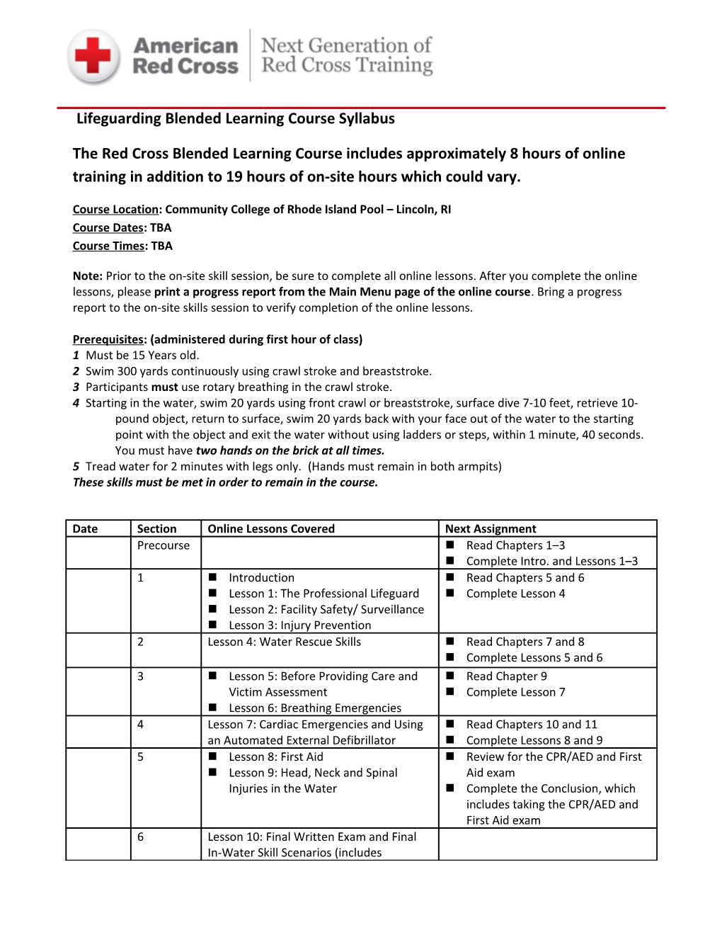 Lifeguardingblended Learning Course Syllabus