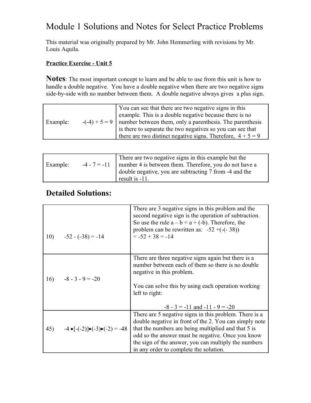 Solutions and Notes for Select Practice Problems from Module 1
