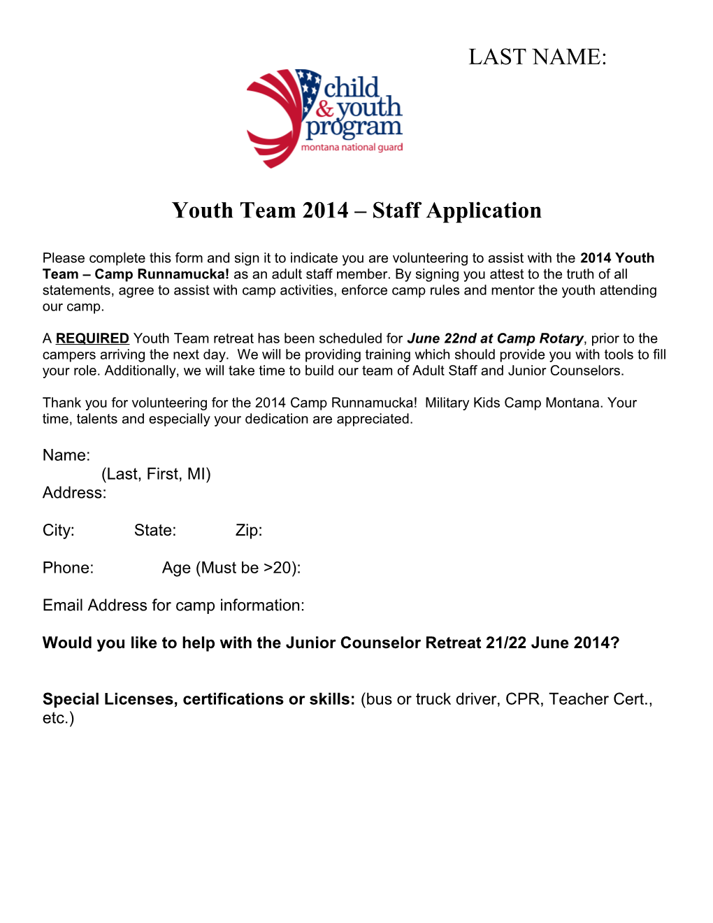 Youth Team 2014 Staff Application