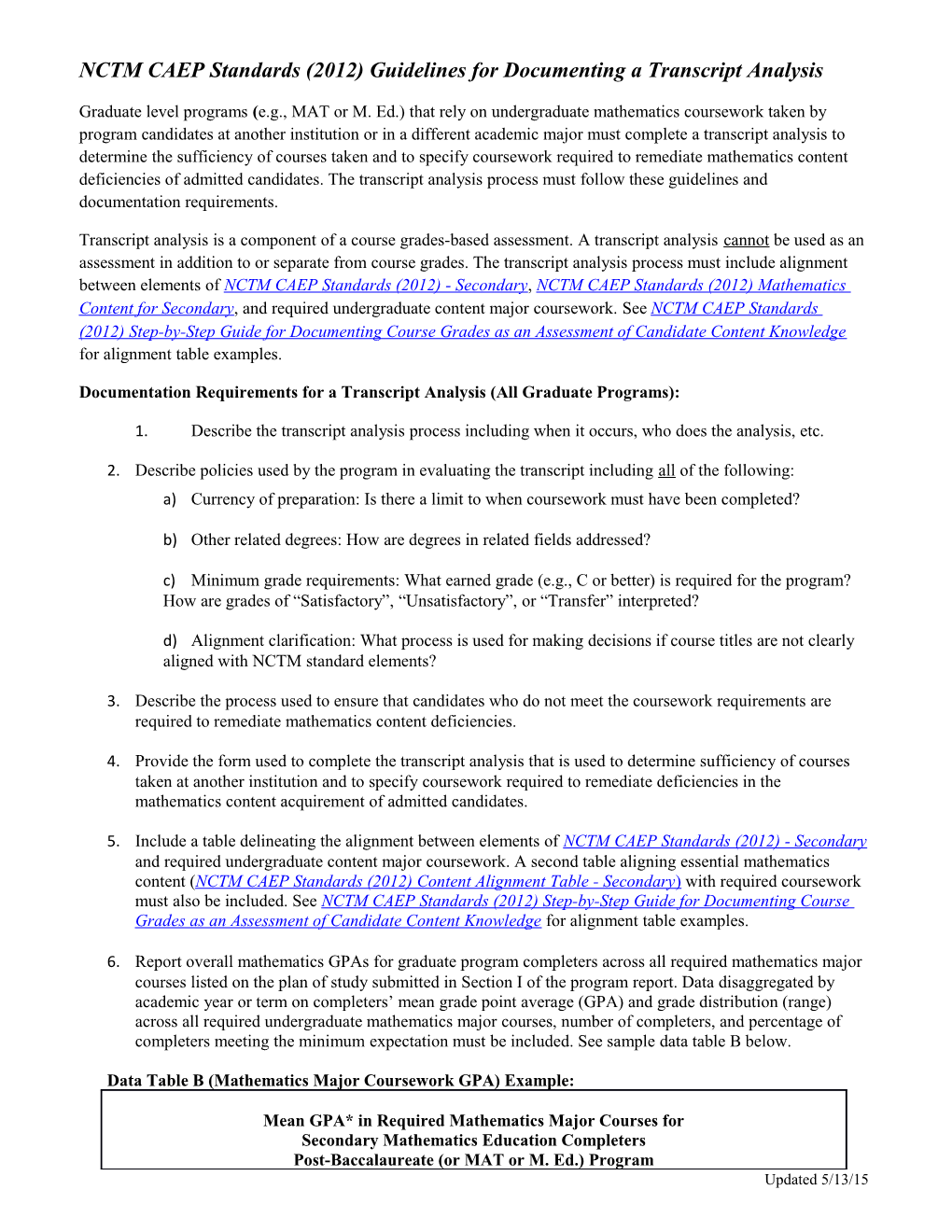 NCTM Caepstandards (2012)Guidelines for Documenting a Transcript Analysis