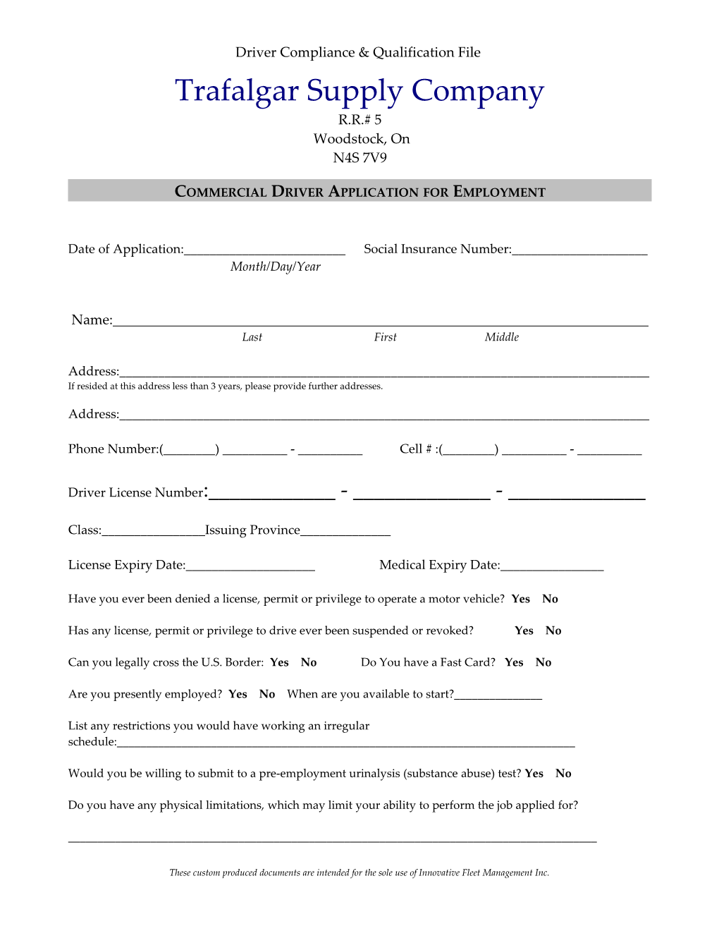 Commercial Driver Application for Employment