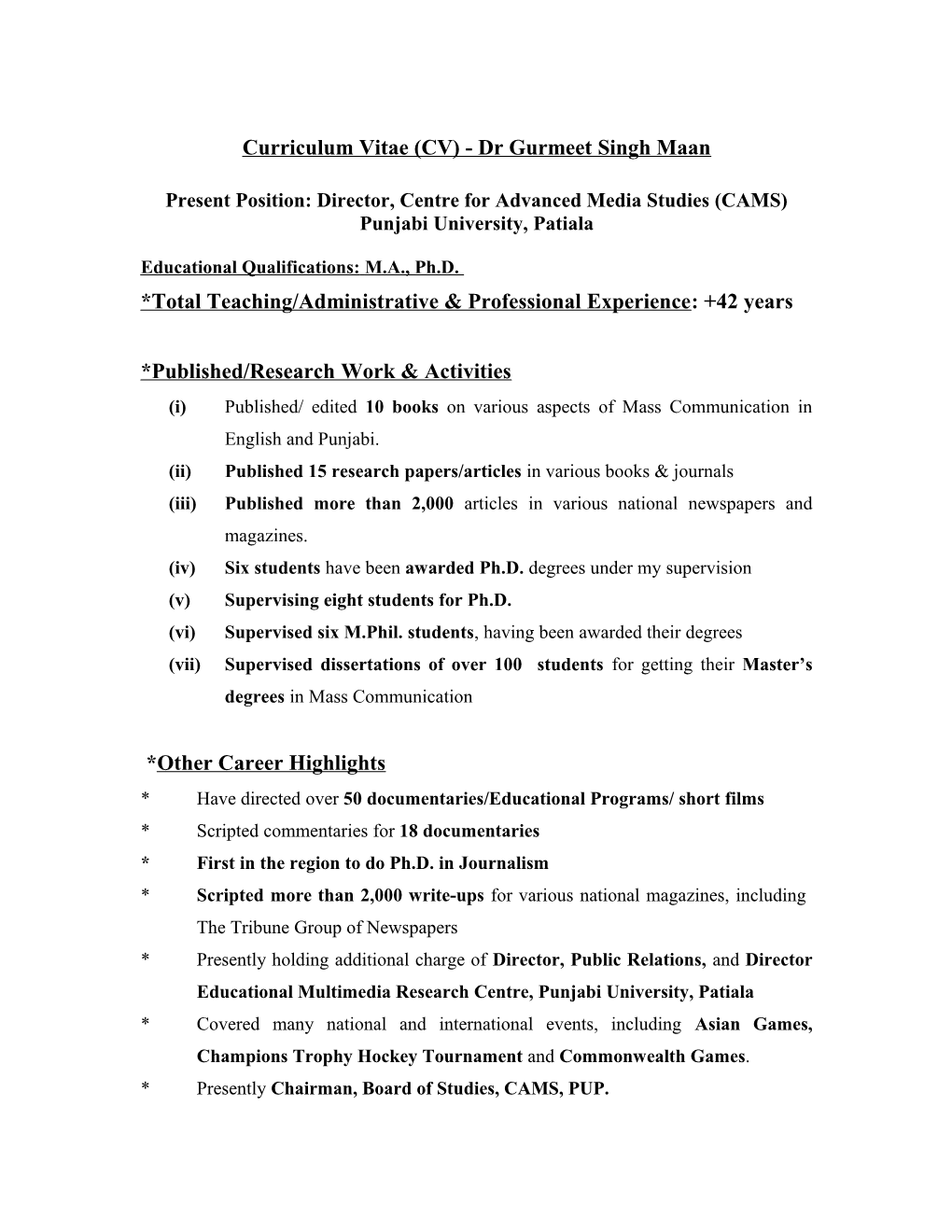 Curriculum Vitae (CV) - Dr Gurmeet Singh Maan