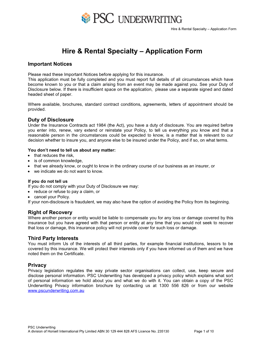 Hire & Rental Specialty Application Form
