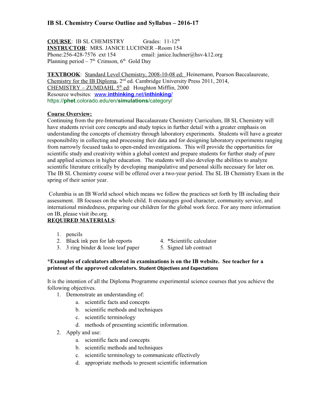 IB SL Chemistry Course Outline and Syllabus 2016-17
