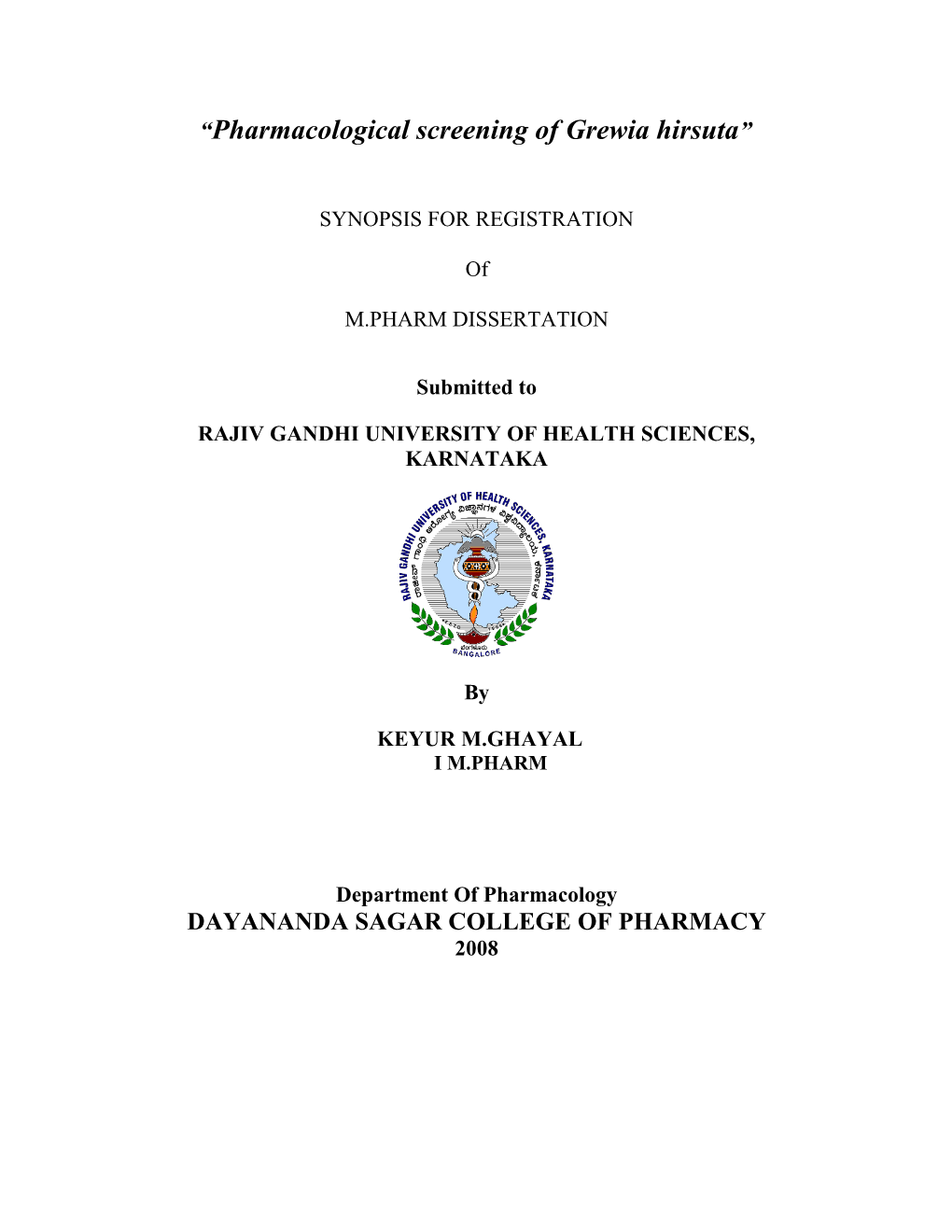 Pharmacological Screening of Grewia Hirsuta