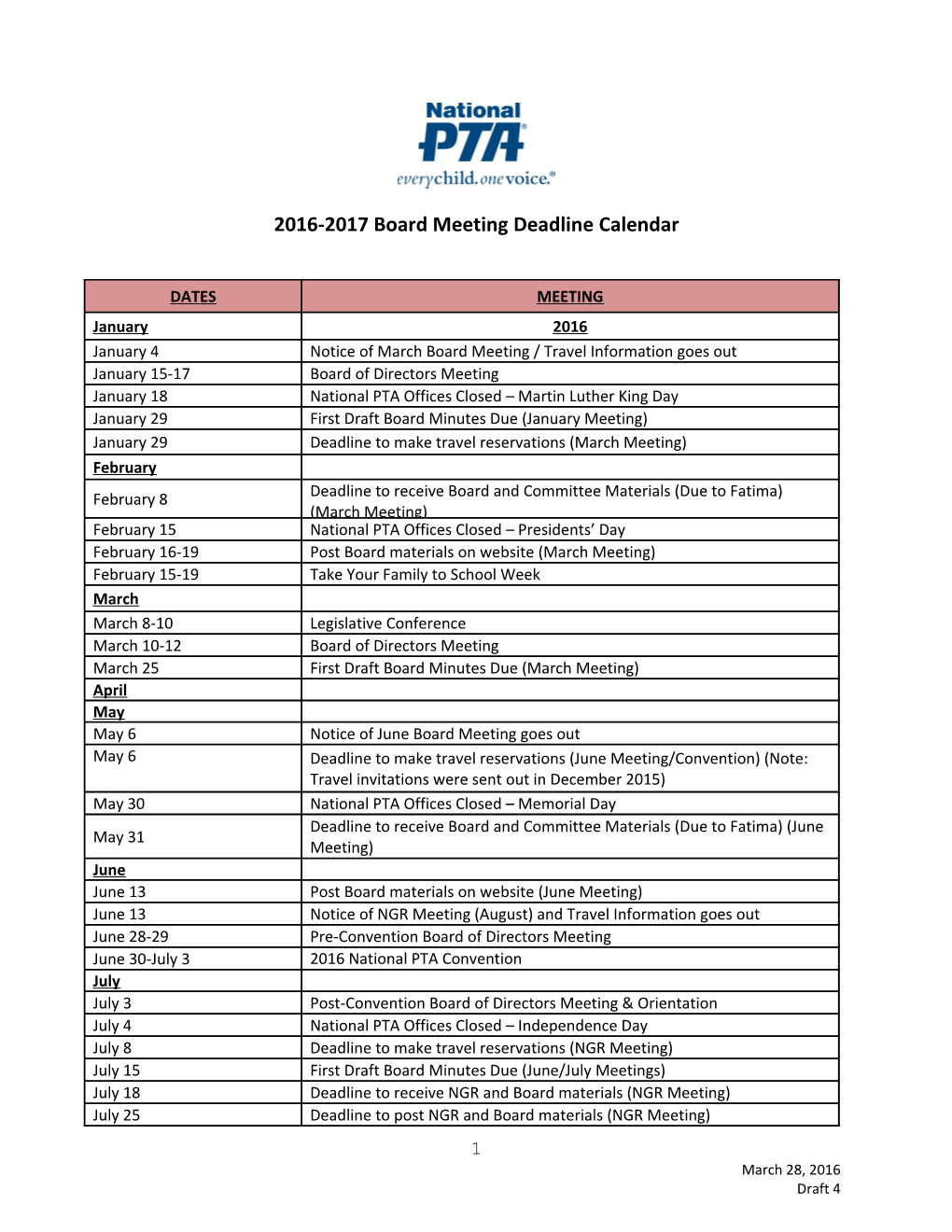 2016-2017 Board Meeting Deadline Calendar