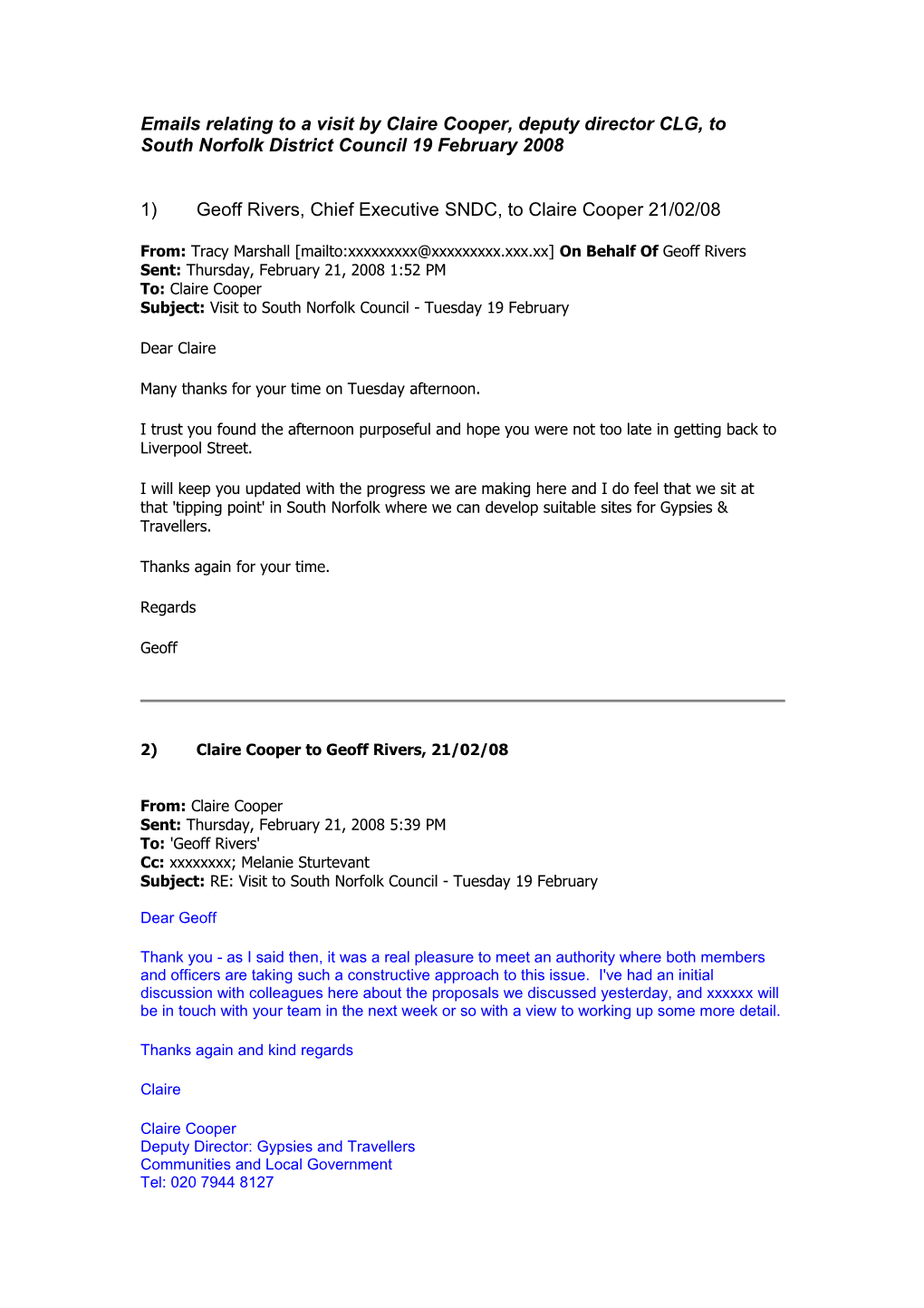 Emails Relating to a Visit by Claire Cooper, Deputy Director CLG, to South Norfolk District