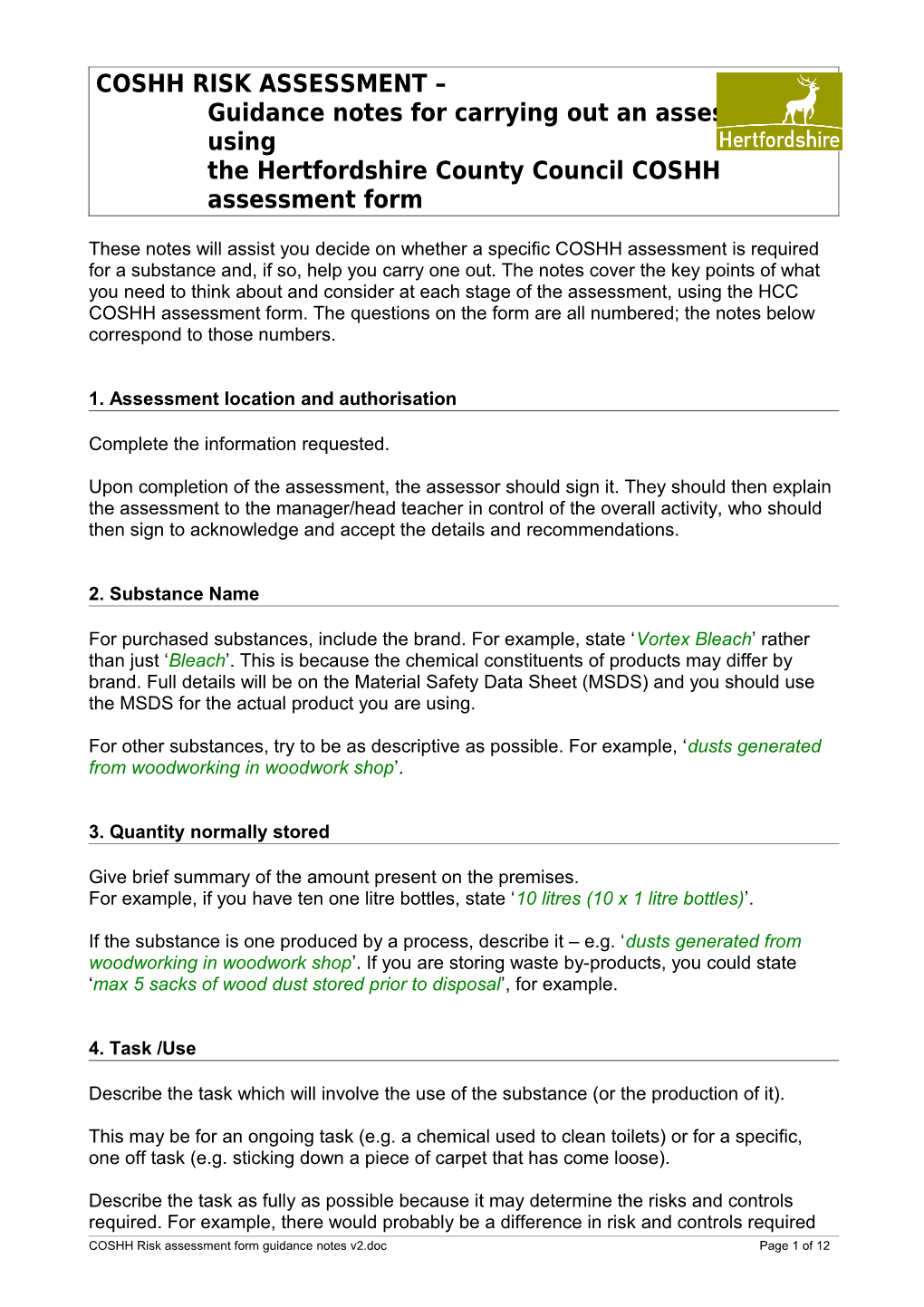 COSHH Risk Assessment - Guidance Notes