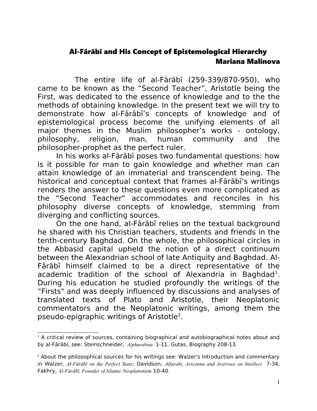 Al-Fārābī and His Concept of Epistemological Hierarchy