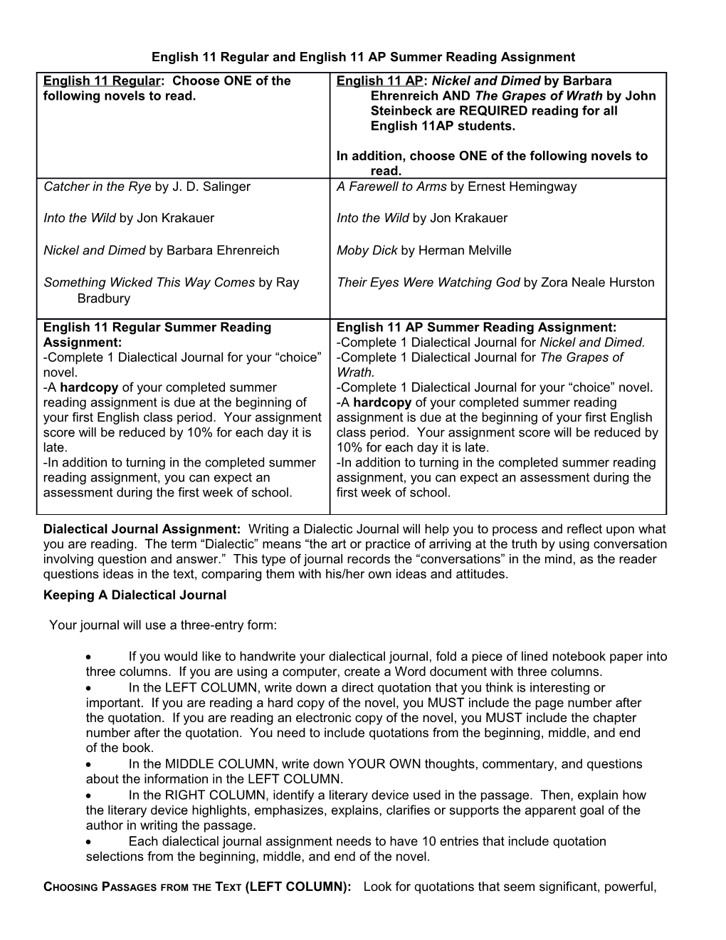 English 11Regular and English 11 AP Summer Reading Assignment