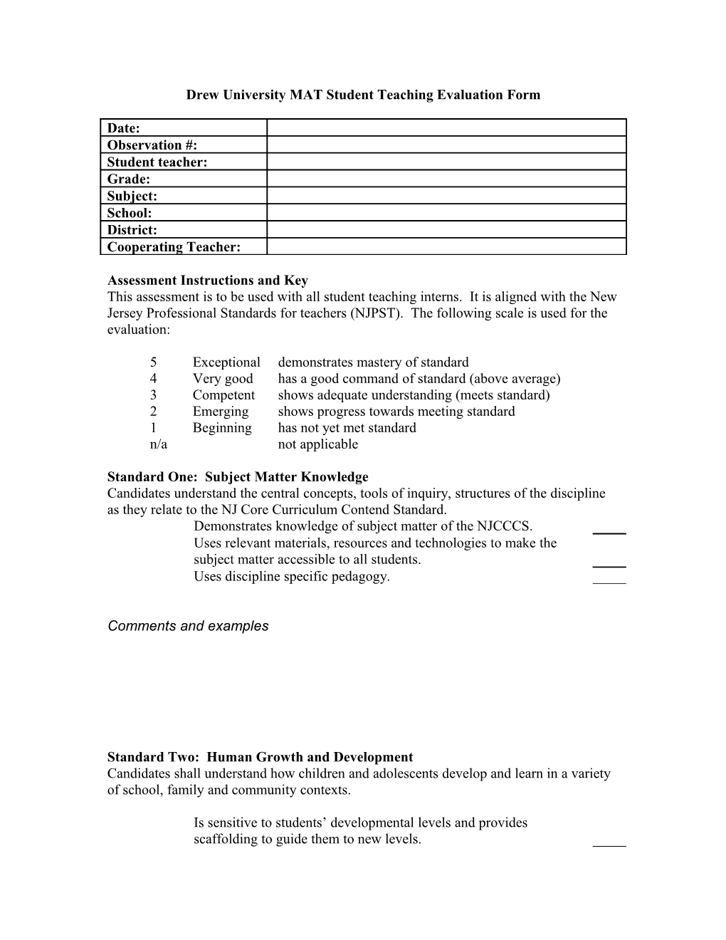 Drew University MAT Student Teaching Evaluation Form