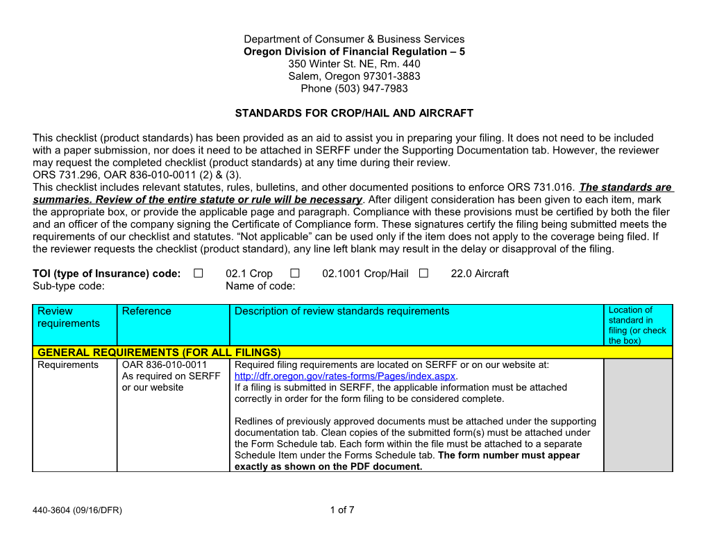 Form 3604, Standards for Crop/Hail and Aircraft, Form # 440-3604