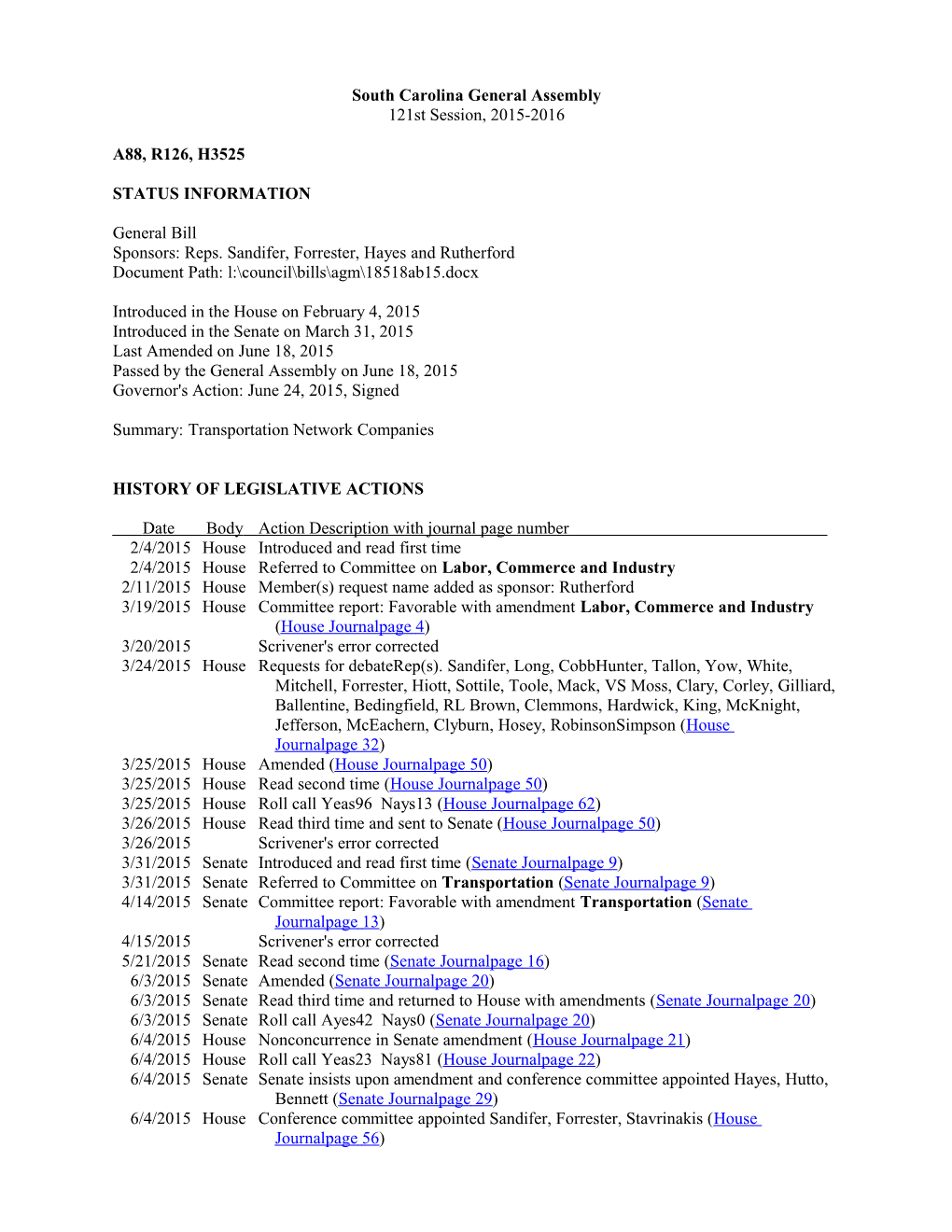 2015-2016 Bill 3525: Transportation Network Companies - South Carolina Legislature Online