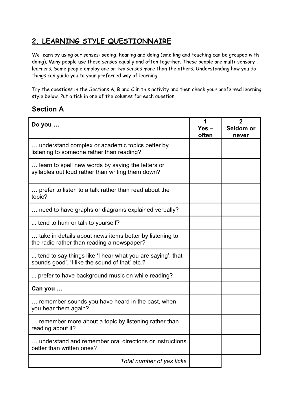 2. Learning Style Questionnaire