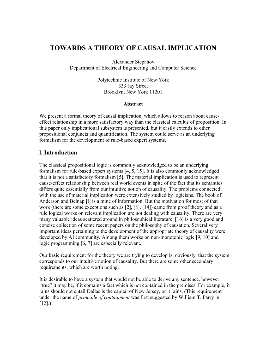 Towards a Theory of Causal Implication