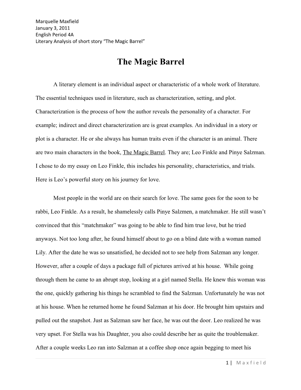 Literary Analysis of Short Story the Magic Barrel