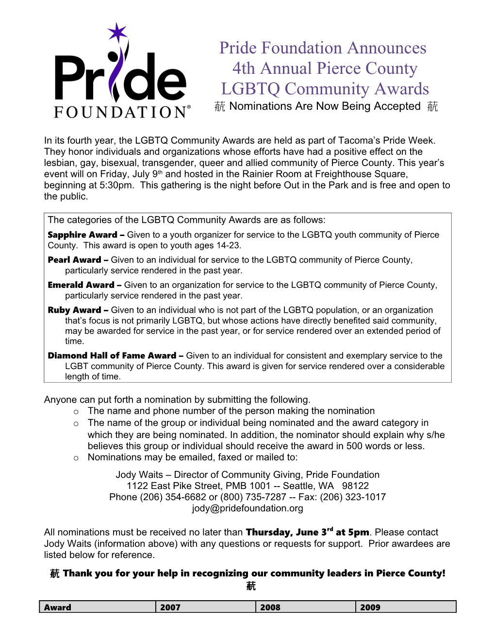 Pride Foundation Announces