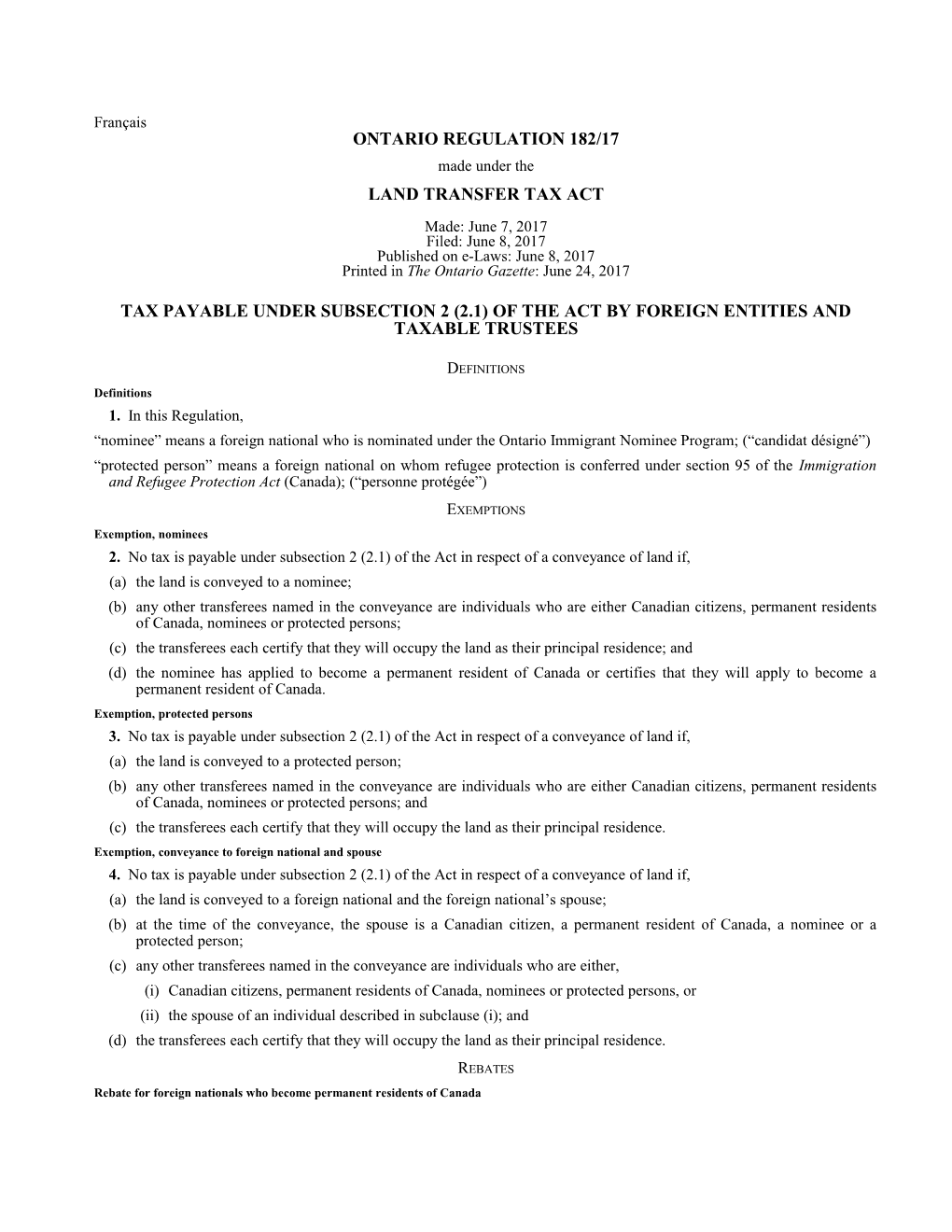 LAND TRANSFER TAX ACT - O. Reg. 182/17