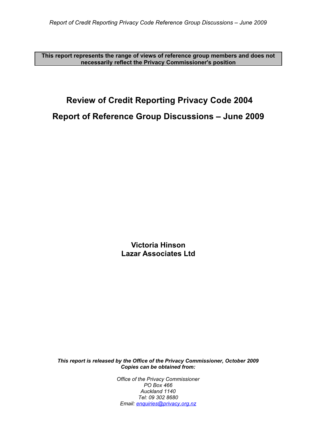 Review of Credit Reporting Privacy Code 2004