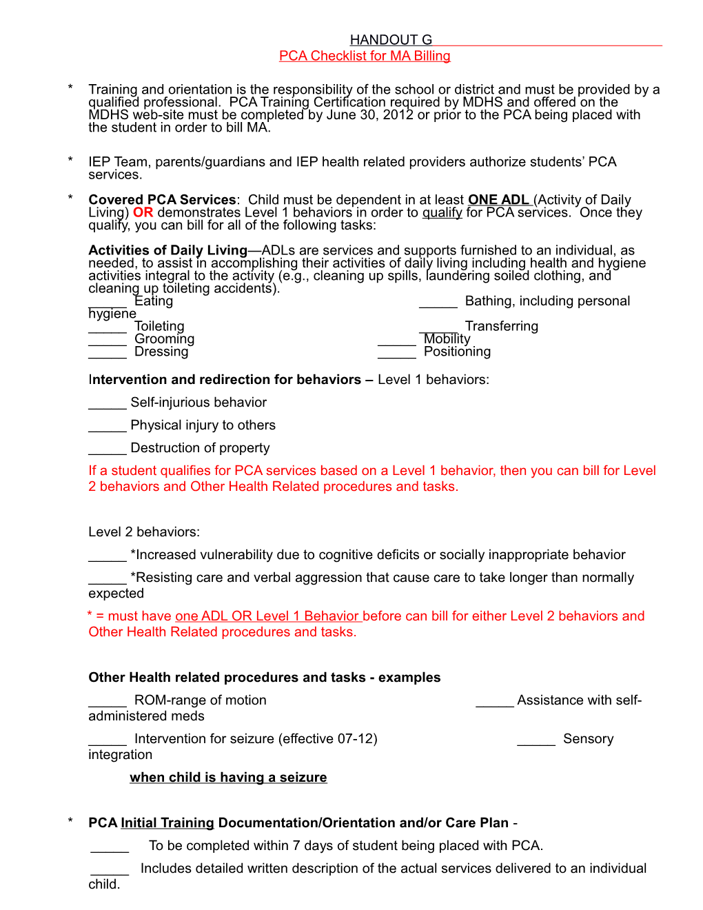 PCA Checklist for MA Billing