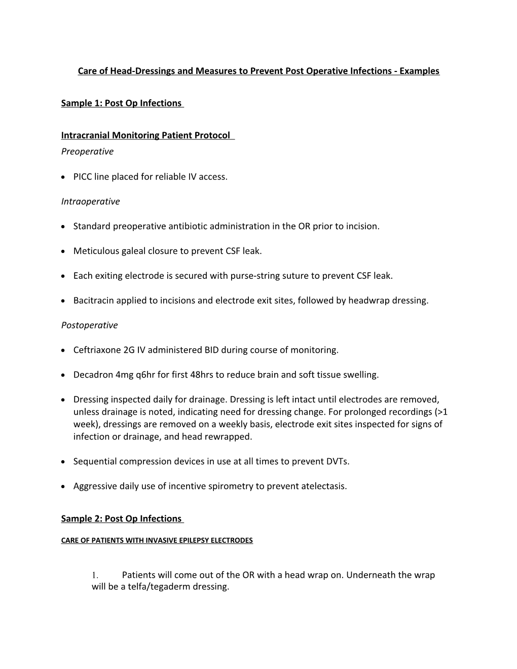 Care of Head-Dressings and Measures to Prevent Post Operative Infections - Examples