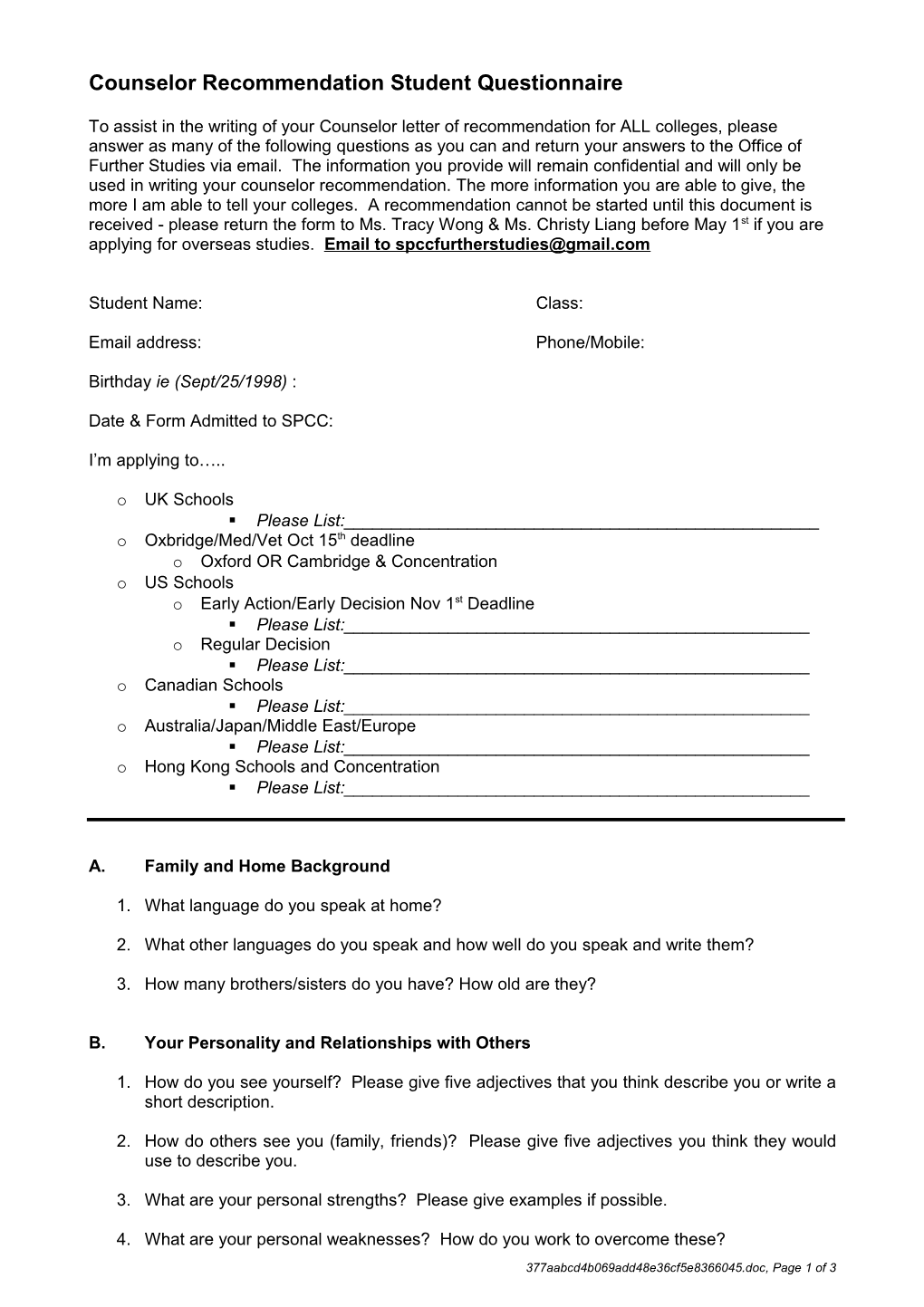 Counselor Recommendation Student Questionnaire