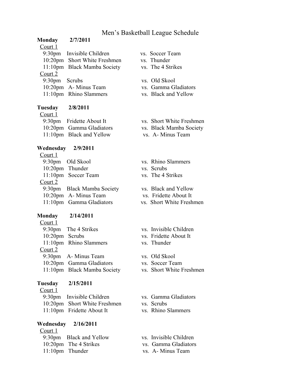 Men S Basketball League Schedule