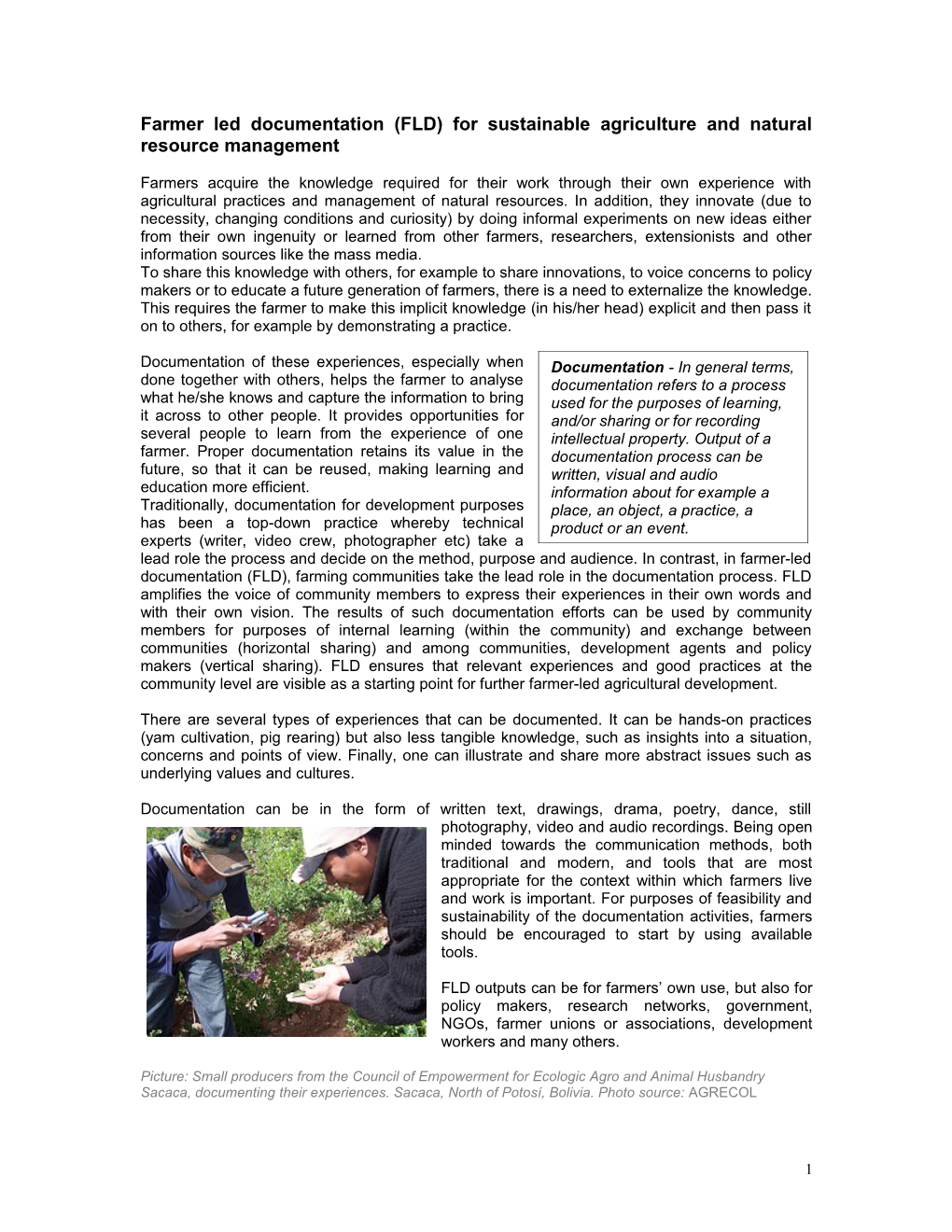 Farmer Led Documentation (FLD) for Sustainable Agriculture and Natural Resource Management