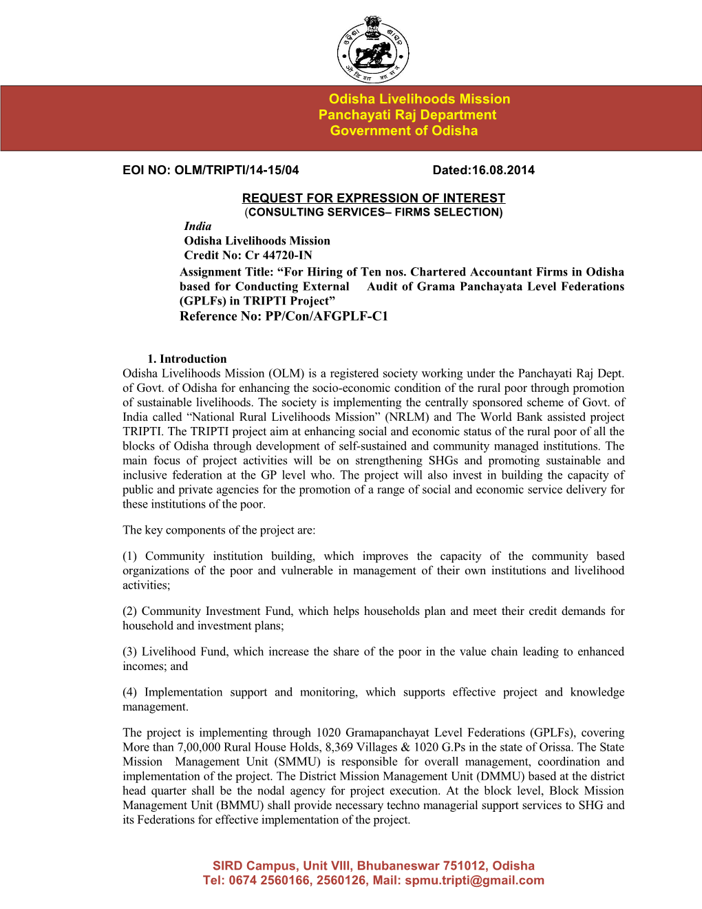 EOI NO: OLM/TRIPTI/14-15/04 Dated:16.08.2014