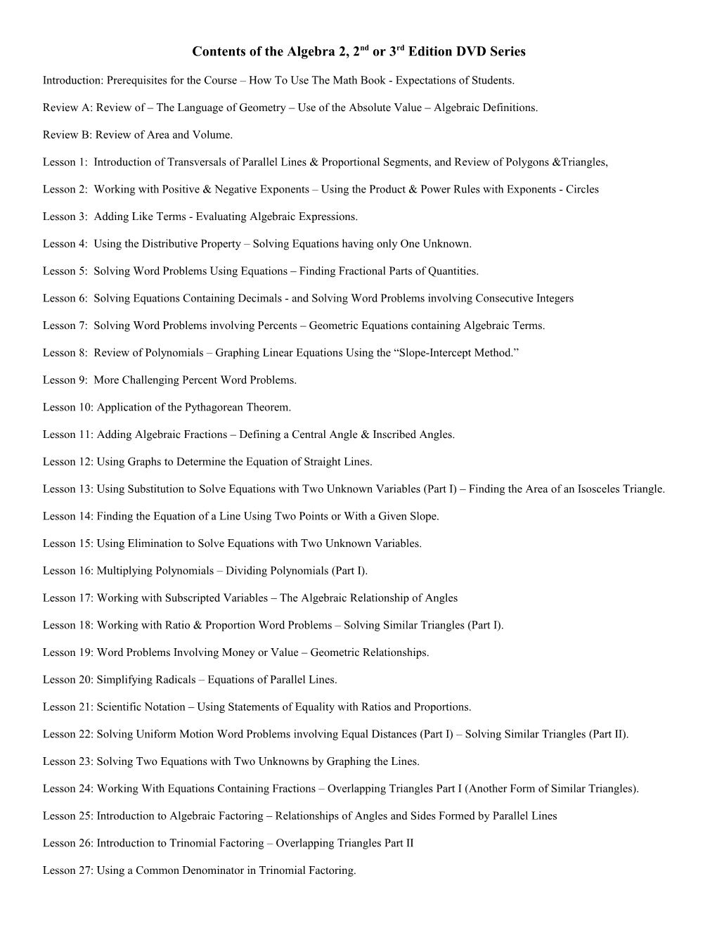 Contents of the Algebra 2, 2Nd Or 3Rd Edition DVD Series