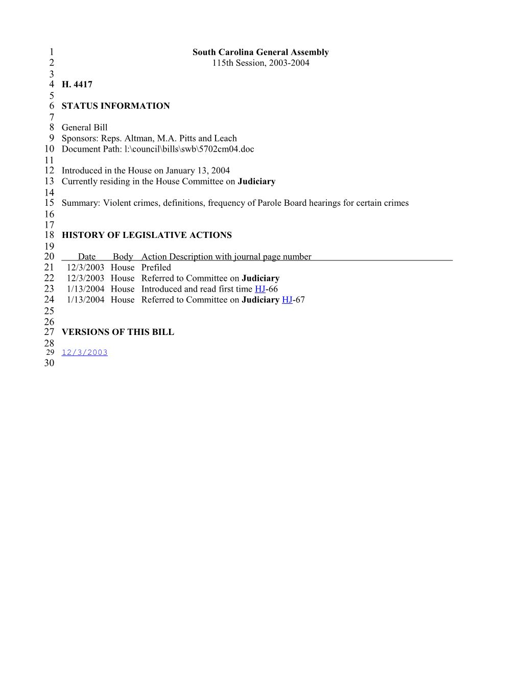 2003-2004 Bill 4417: Violent Crimes, Definitions, Frequency of Parole Board Hearings For