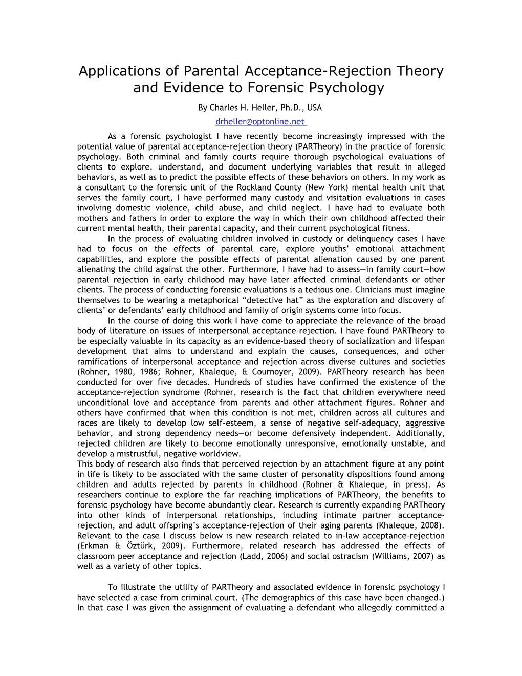 Applications of Parental Acceptance-Rejection Theory and Evidence to Forensic Psychology