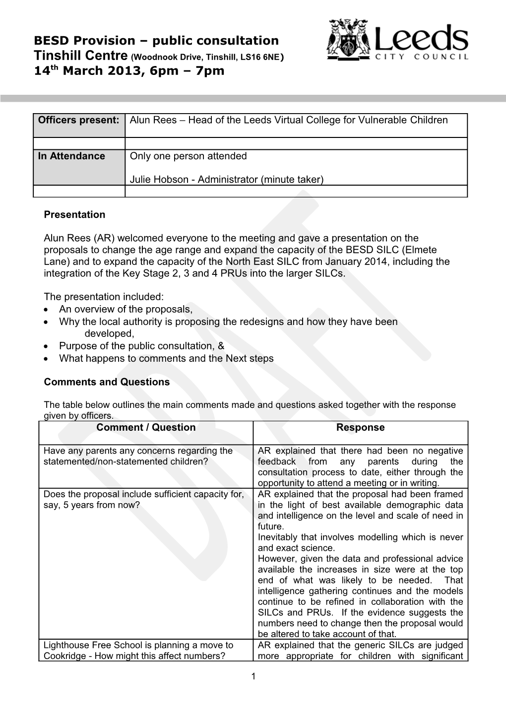 BESD Meeting Notes Tinshill Centre