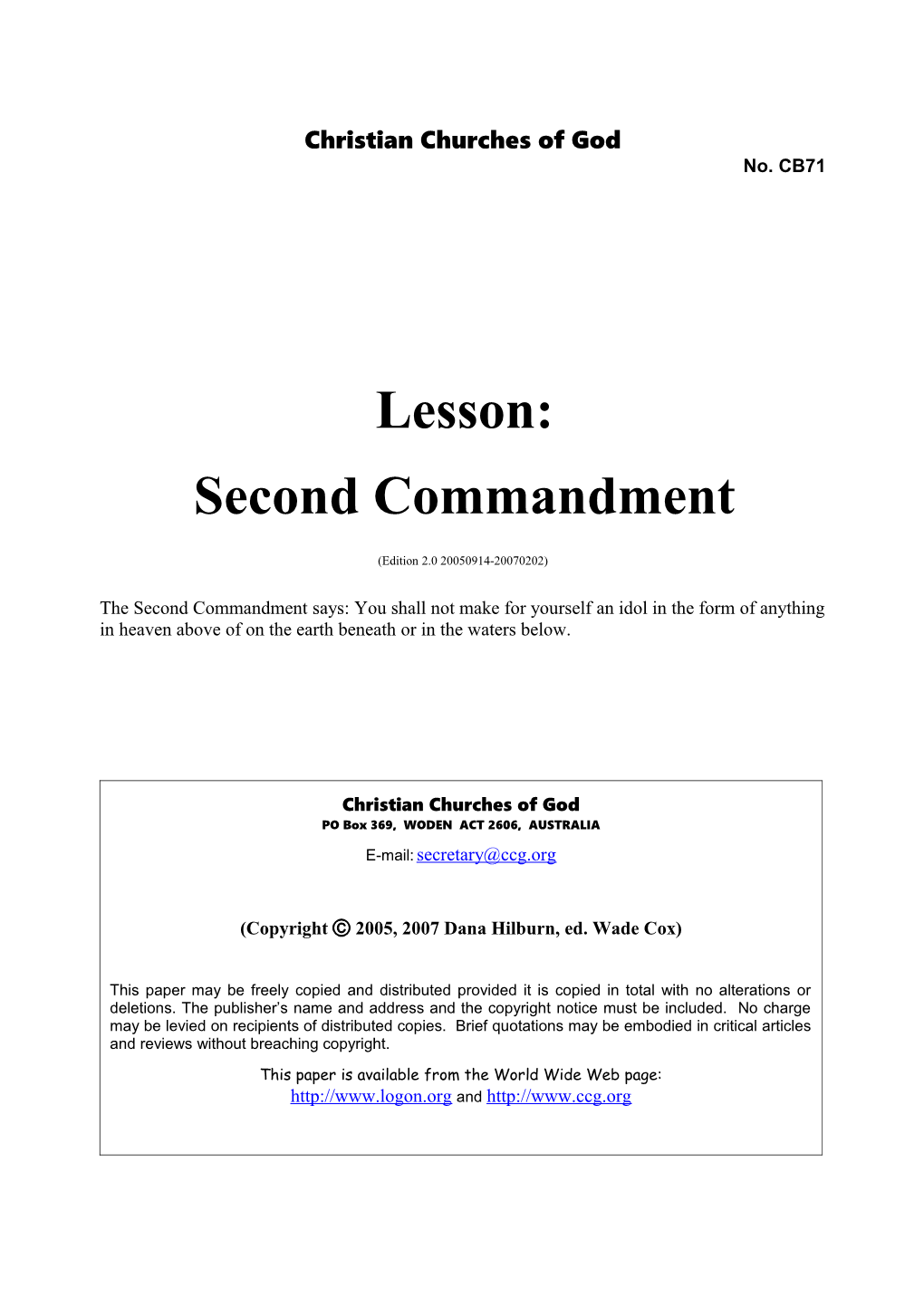 Lesson: Second Commandment (No. CB71)