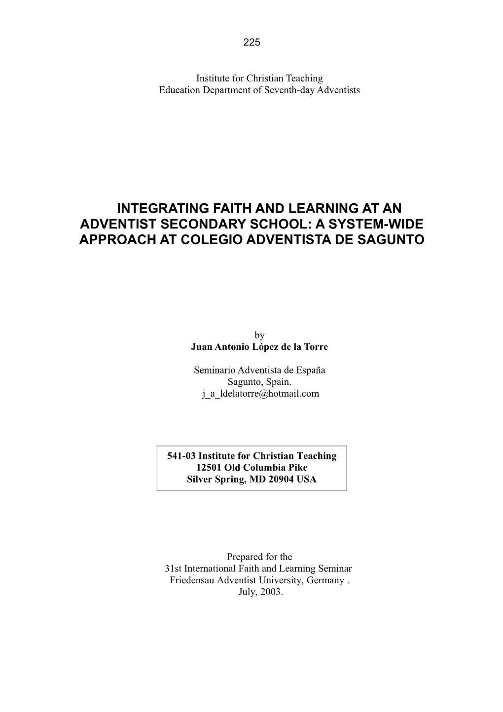 31 First Seminar on the Integration of Faith and Learning