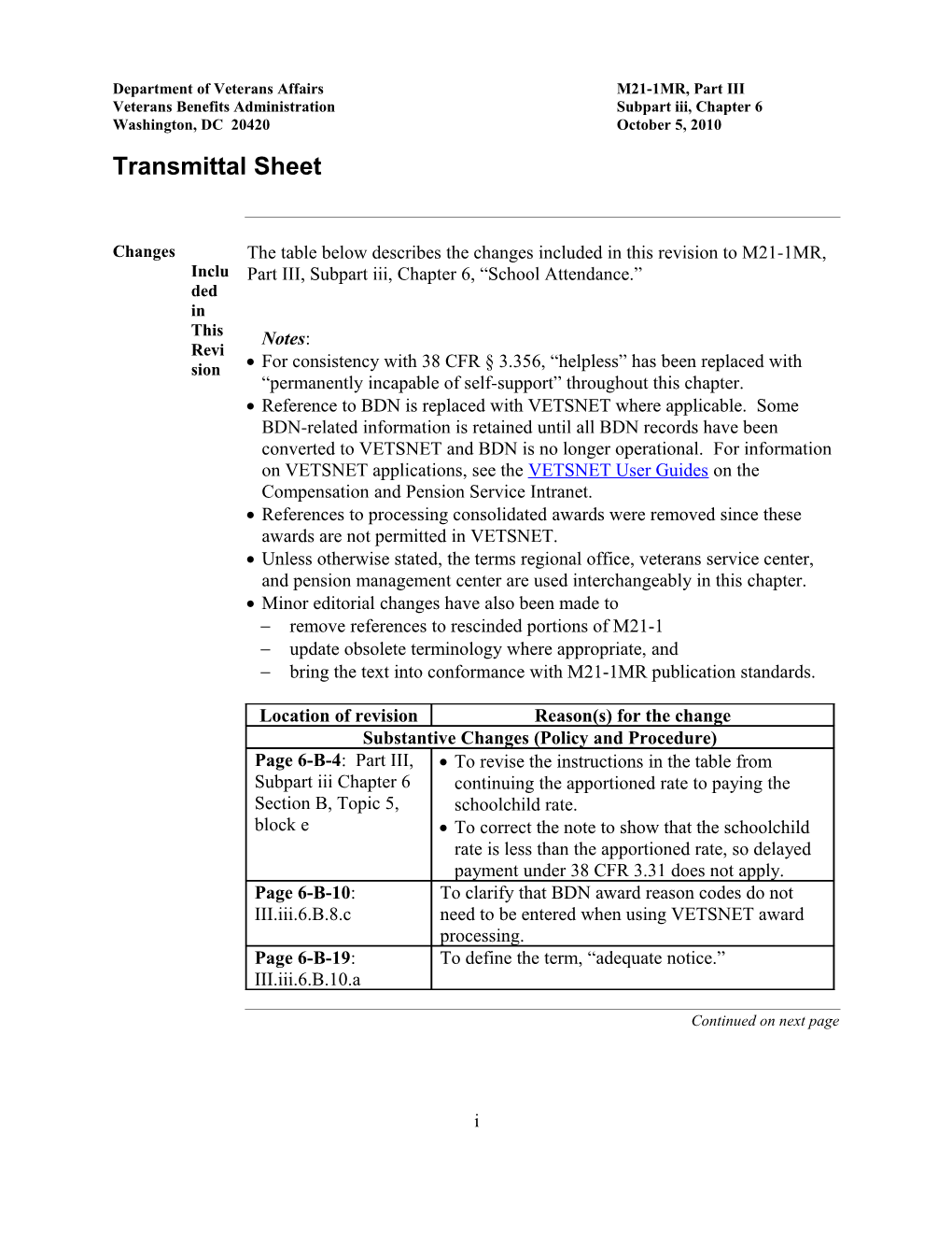 M21-1MR, Part III, Subpart Iii, Chapter 6, School Attendance